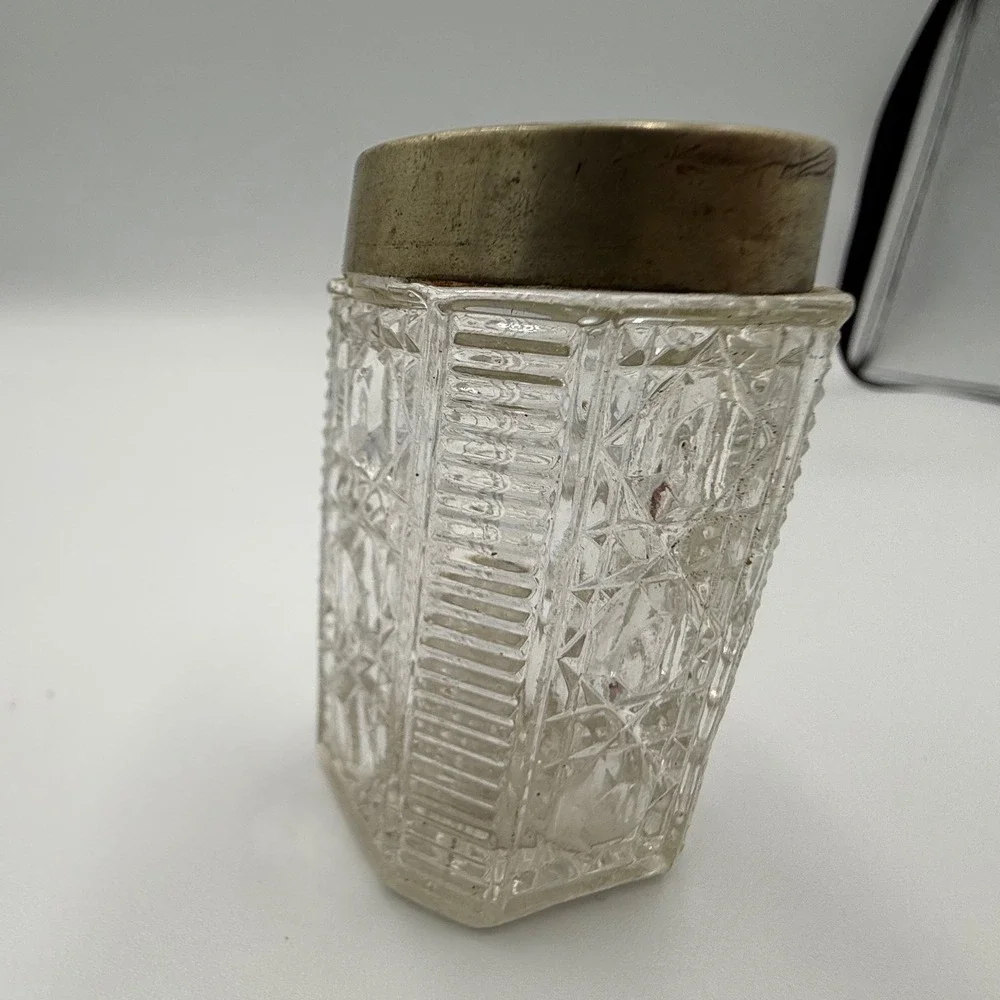 Vintage Antique Cut Glass Vanity Dresser Pot Jar Silver Tone Victorian Starburst